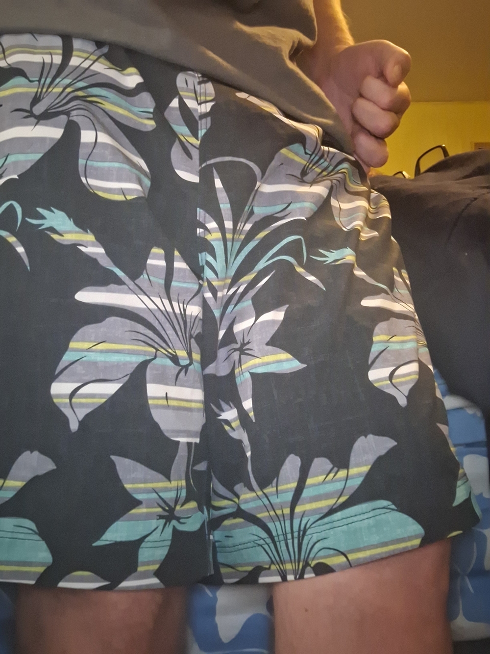 Speedo Men's Black Floral Board Shorts with Teal and Gray Stripes